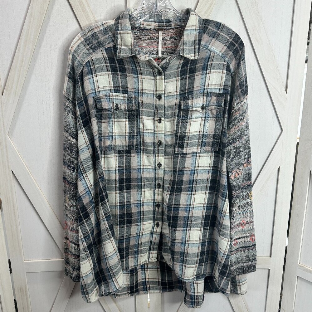 Free People Mixed Media Button Down Shirt